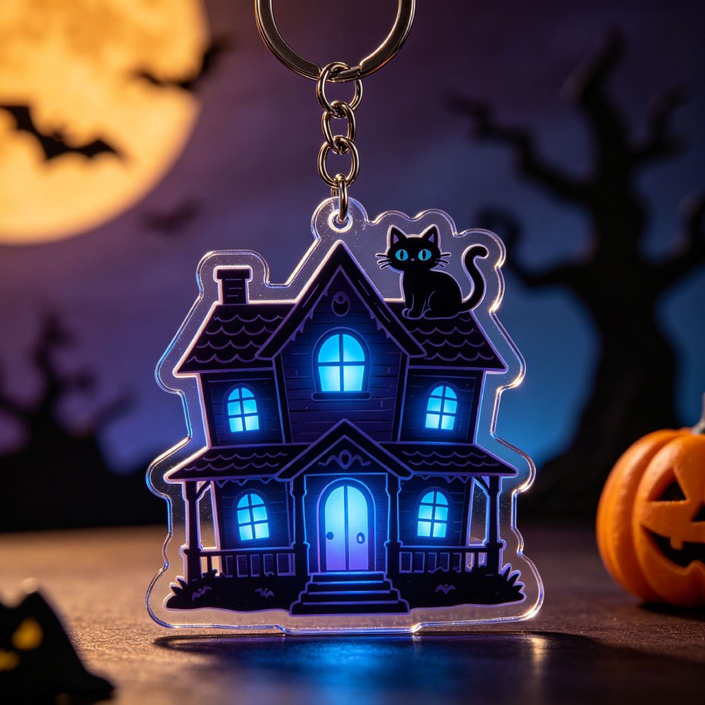 Ethnic Fashion House - Halloween Spukhaus Acryl-Schlüsselanhänger Gruselige Schwarze Katze