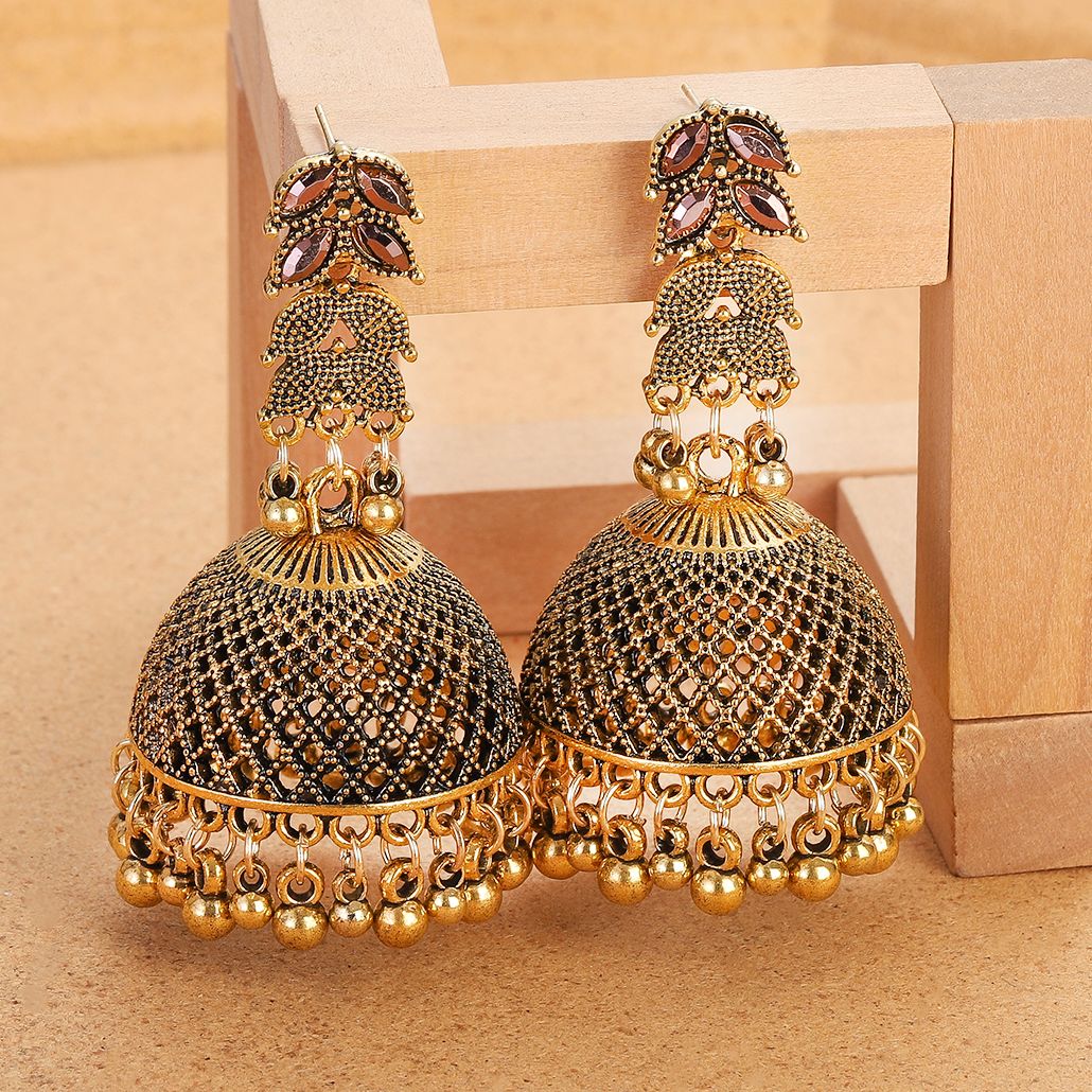Ethnic Indian Fashion - Ethnische goldfarbene große Glocke baumelnde Ohrringe