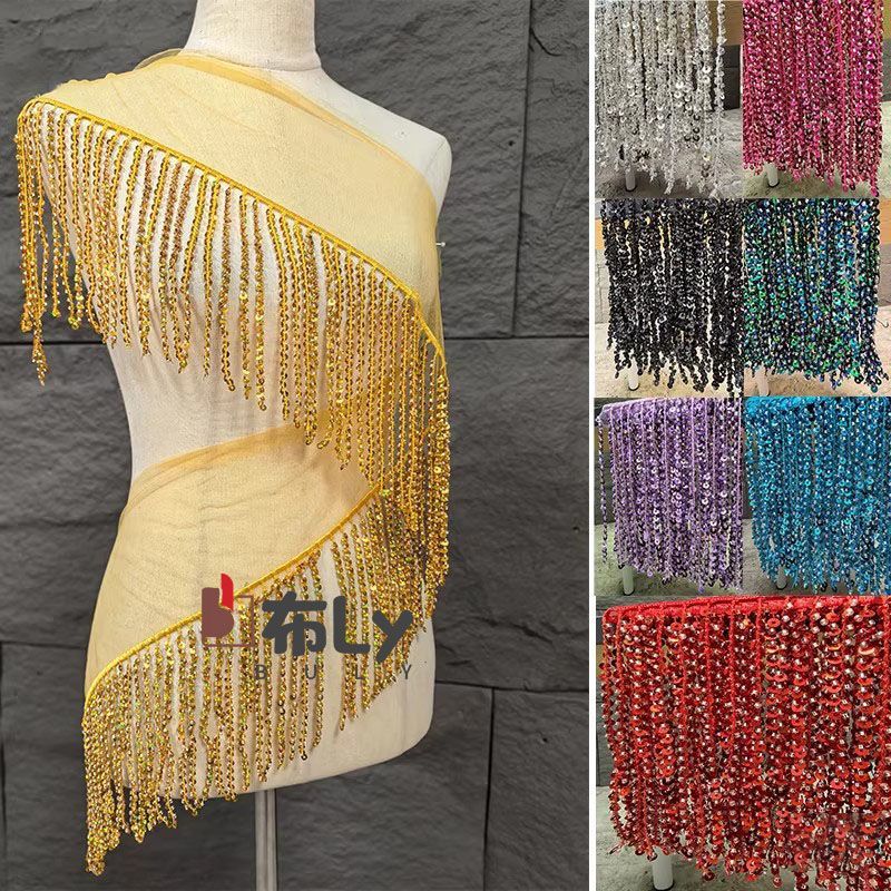 Ethnic Fashion Designers - 15cm Perlen-Pailletten-Quastenborte, Ethnische Stickerei-Verzierung für Bühnenkostüme,